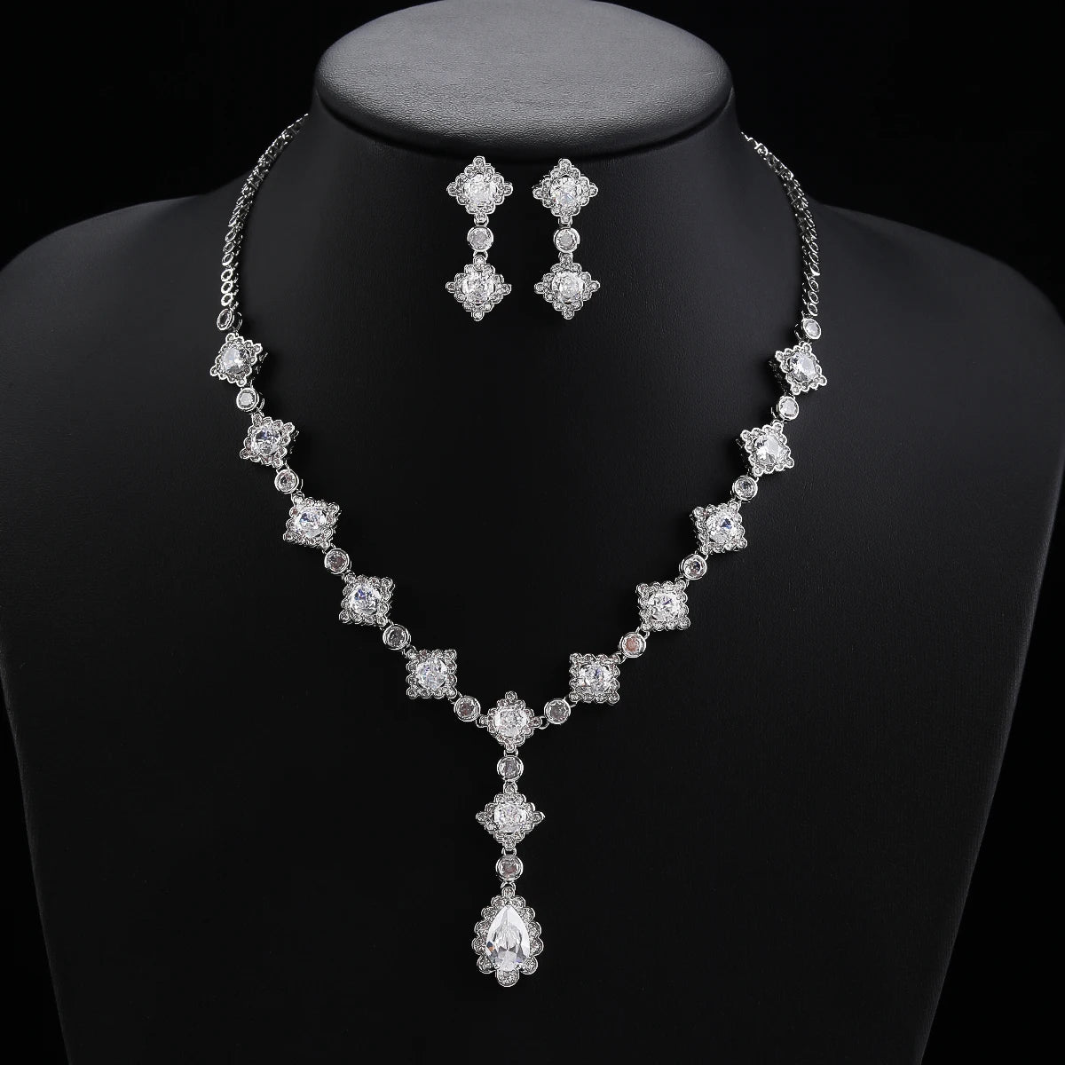 Luxury Women's Zirconia Necklace & Earrings Set - Silver Tone Pink & Green Bridal Jewelry for Wedding, Party & Special Occasions CN11065