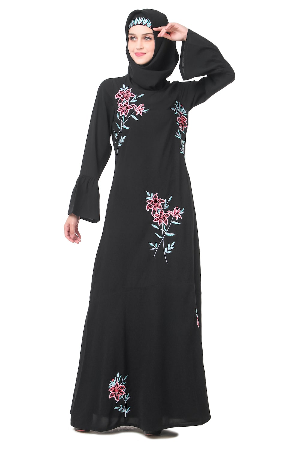 Elegant Floral Embroidered Abaya Dress for Women - Modest Islamic Prayer Gown - Perfect for Eid, Ramadan, and Special Occasions