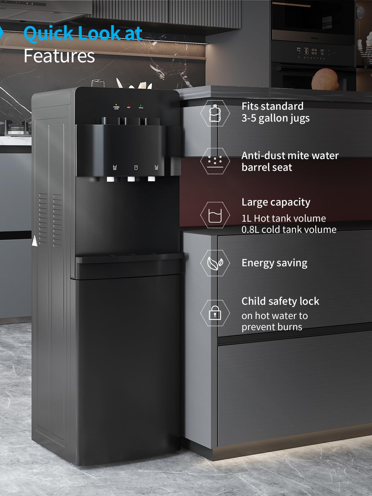 TABU Bottom Loading Water Dispenser with 3 Temperature Settings - Hot, Cold & Room Temperature, Self-Cleaning Water Cooler with Child Safety Lock & Anti-Scalding Design for 3/5 Gallon Bottles (Black) - Perfect for Home, Office & Kitchen Use