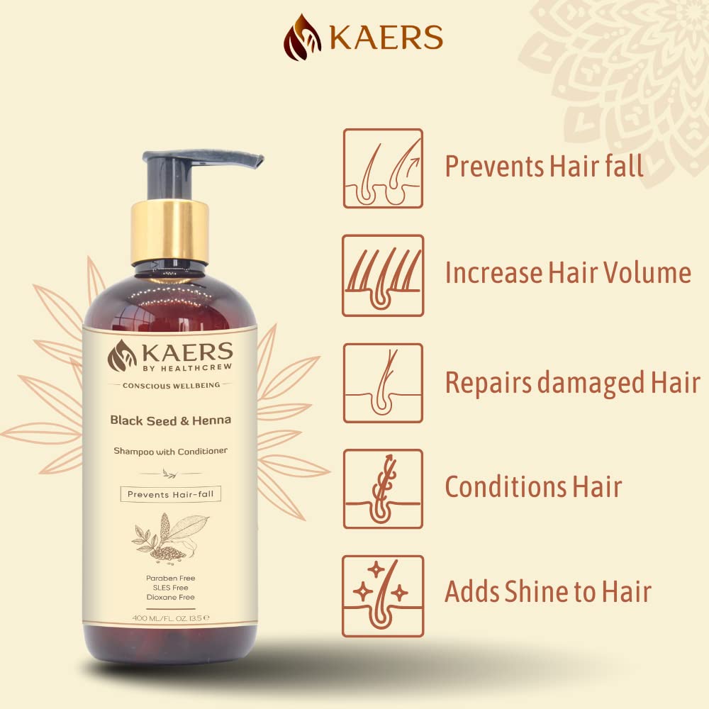 Kaers by Healthcrew Herbal Shampoo with Black Seed & Henna - 2 in 1 Shampoo and Conditioner - Paraben Free & Dioxane Free - For All Hair Types - Promotes Smooth, Soft & Shiny Hair - 400ml (Pack of 2) - Perfect for Daily Hair Care & Salon-Quality Results at Home