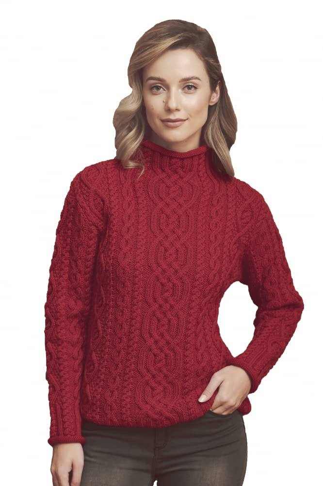 Aran Crafts Women's Traditional Irish Funnel Neck Sweater - 100% Merino Wool, Warm Winter Knitwear for Women, Perfect for Christmas Gifts & Cozy Outfits
