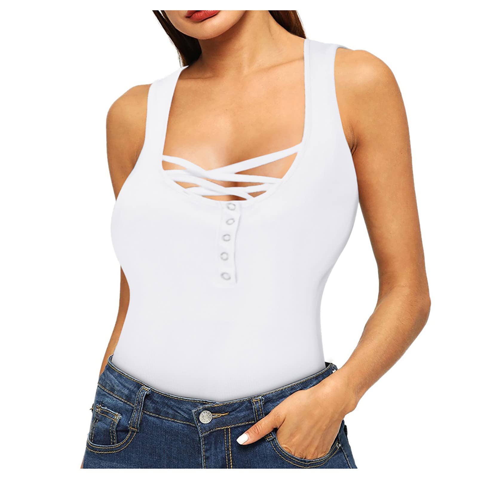 Women's Sexy Sleeveless Button Down Camisole Tank Tops - Casual Summer Cross Neck Tops for Women - Perfect for Beach, Party & Daily Wear