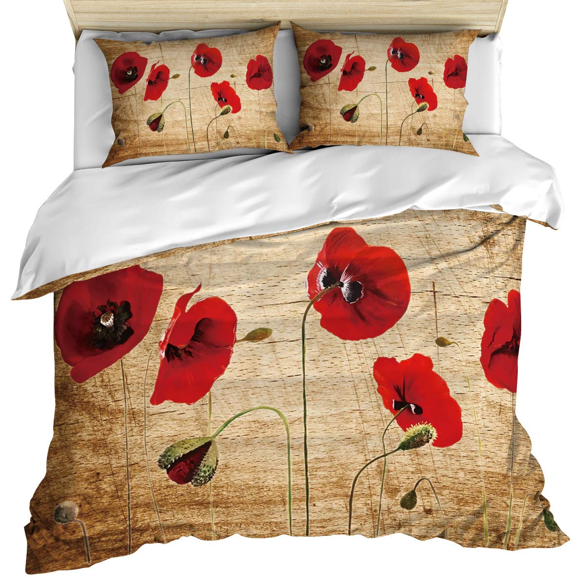 Vintage Red Poppy Flower Duvet Cover Set - 3 Piece Full/Queen Size Reversible Microfiber Bedding with 2 Pillowcases | Brown Wood Print Design | All Season Soft Comforter Cover for Cozy Bedroom Decor