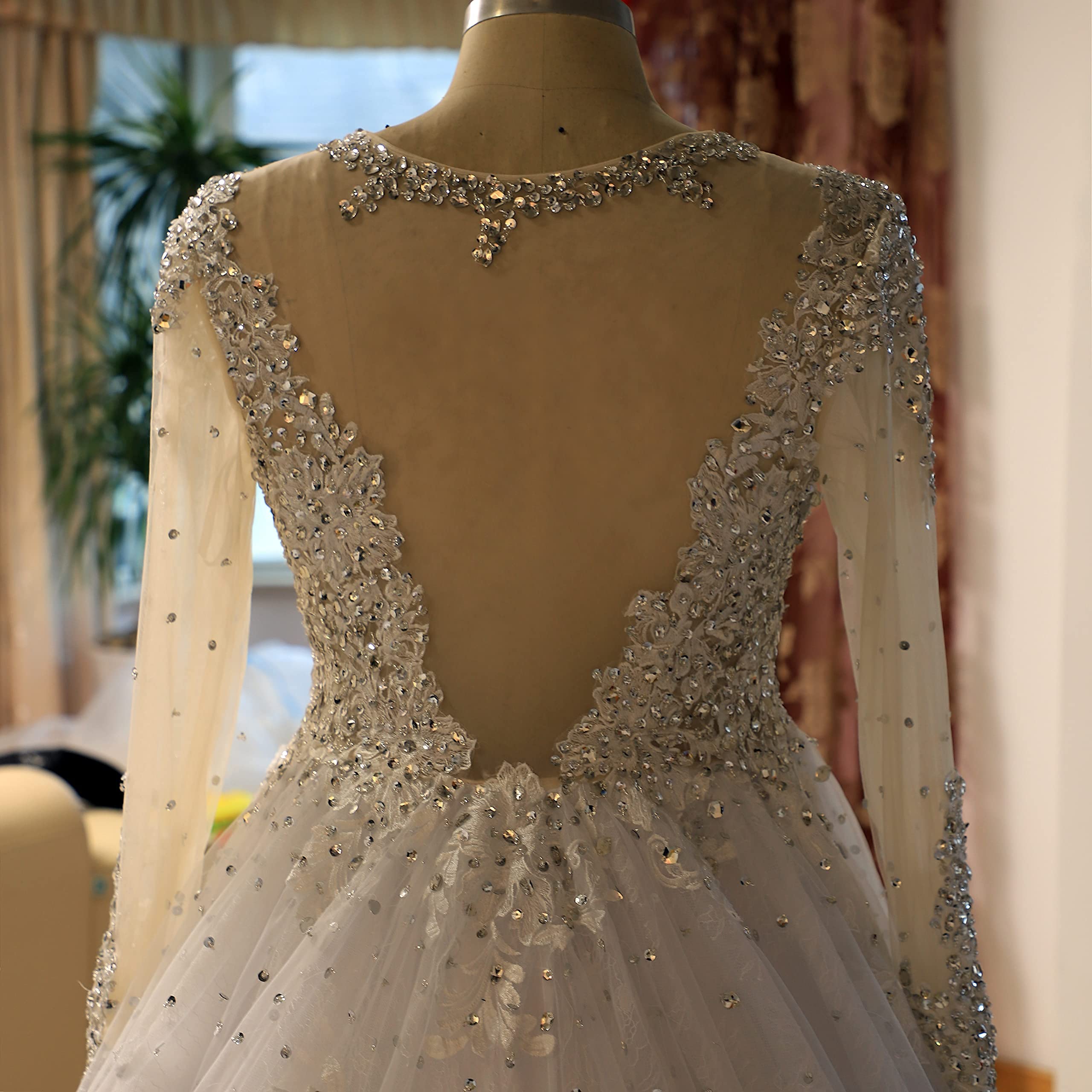 Ivory White Long Sleeve Beaded Crystal Wedding Dress with Lace Long Train - Elegant Bridal Gown for Church Ceremony, Beach Wedding, and Formal Reception