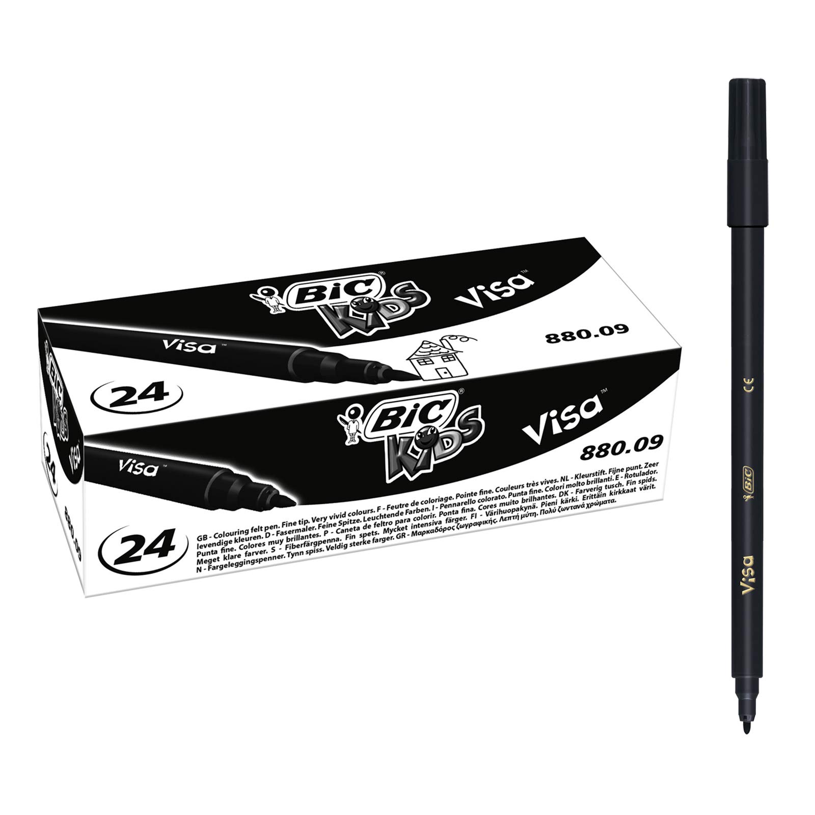 Bic Kids Visa Colouring Pens - 24 Pack Black Washable Markers for Children's Art Projects, School Supplies & Creative Drawing Activities