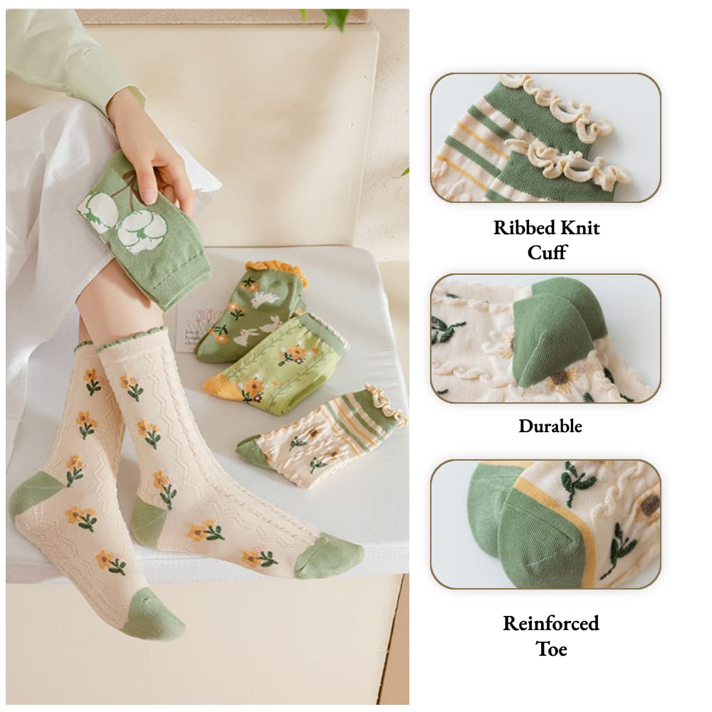 Floral Crew Socks for Women & Girls - 5 Pack Cotton Flower Print Ankle Socks with Ruffled Trim - Green Aesthetic Casual Dress Socks for Everyday Wear, Gift Giving & Fashion Outfits