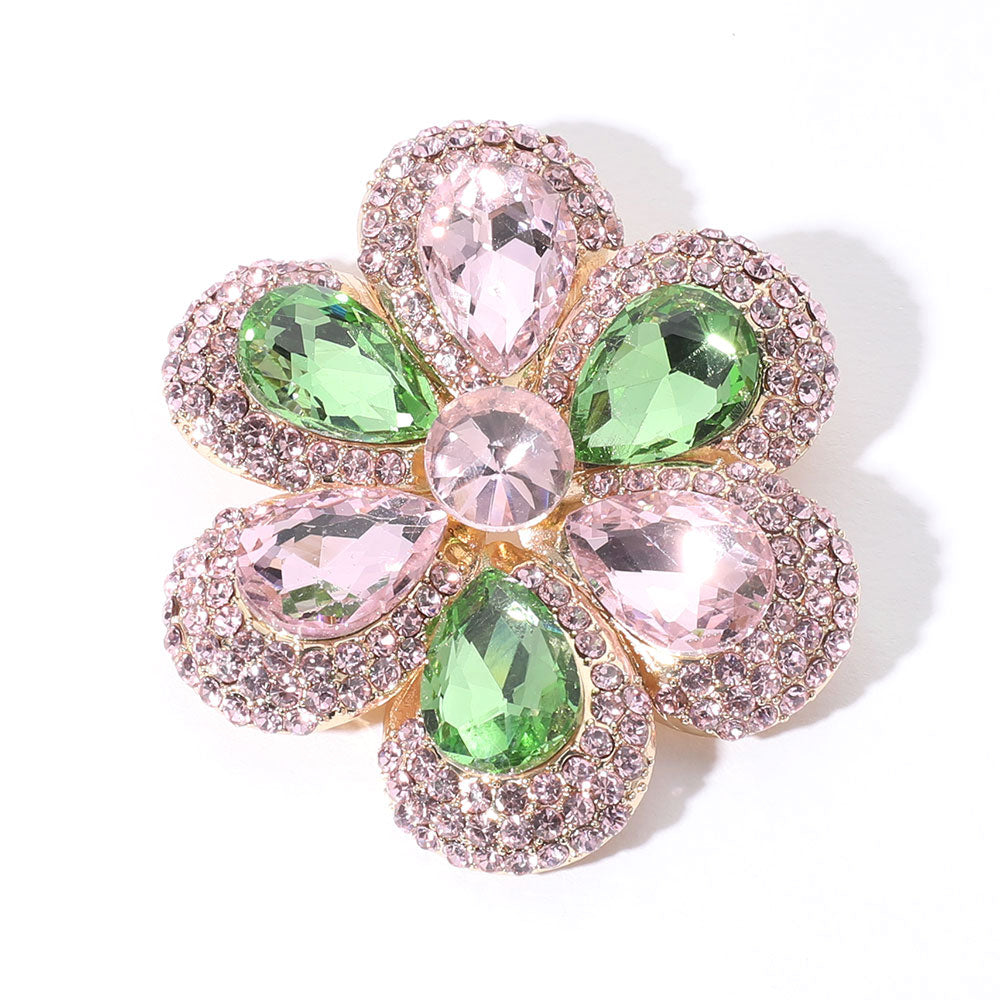 Pink & Green Crystal Teardrop Cluster Flower Pin Brooch - Elegant Floral Jewelry for Women, Bridal Accessories, Prom, Wedding, Party & Special Occasions