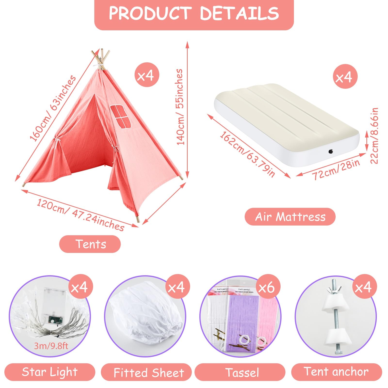 PLULON 4 Pack Pink Teepee Tent for Kids - Indoor Outdoor Play Tent with Inflatable Airbed & Decorations - Perfect for Girls Slumber Parties, Sleepovers, and Backyard Camping Adventures