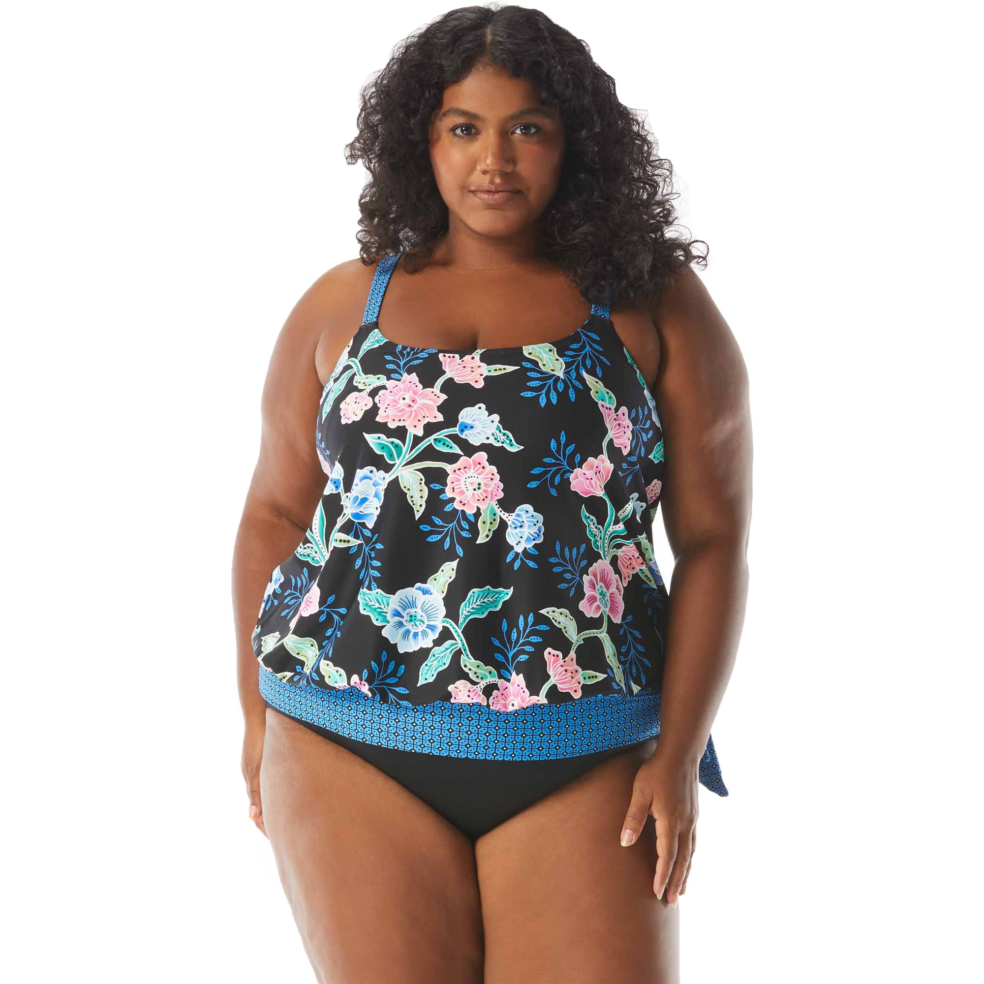 Plus Size Sarah Side Tie Blouson Tankini Top — Tummy Control Swimsuit Top for Women | Comfortable Swimwear for Beach, Pool & Vacation