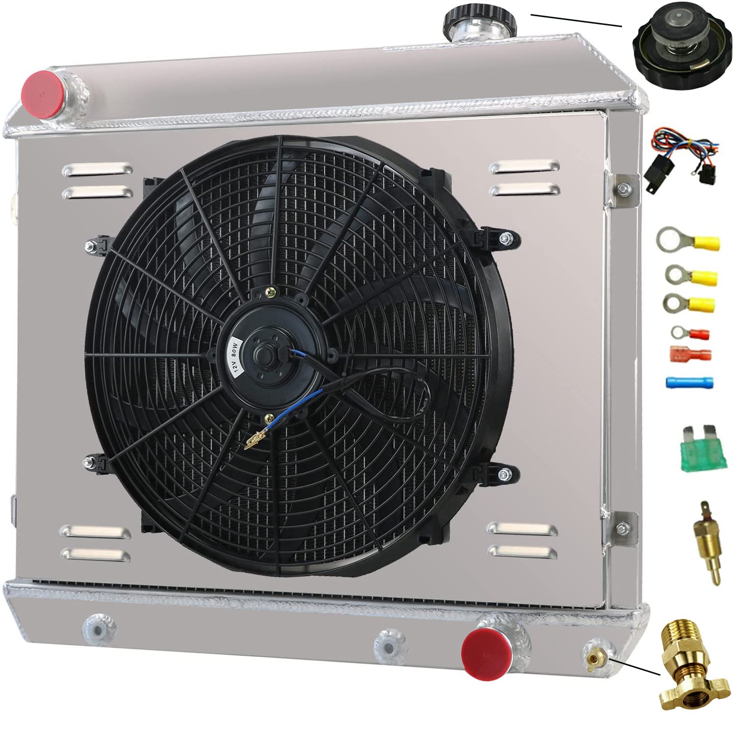 4 Row Aluminum Radiator Shroud with Cooling Fans & Relay Kit - Compatible with 1963-1966 Chevy C10 C20 C30 K10 K20 Pickup/Suburban & 1961-1966 Pontiac Catalina/Bonneville/Grand Prix/Star Chief - Heavy Duty Cooling Upgrade for Hot Rods, Classic Trucks & Restoration Projects
