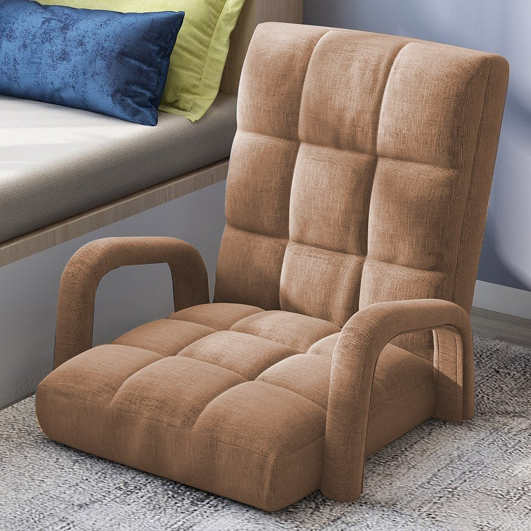 4X Foldable Lounge Cushion - Adjustable Floor Recliner Chair with Armrest (Khaki) - Perfect for Indoor/Outdoor Relaxation, Reading, Camping & Beach Use