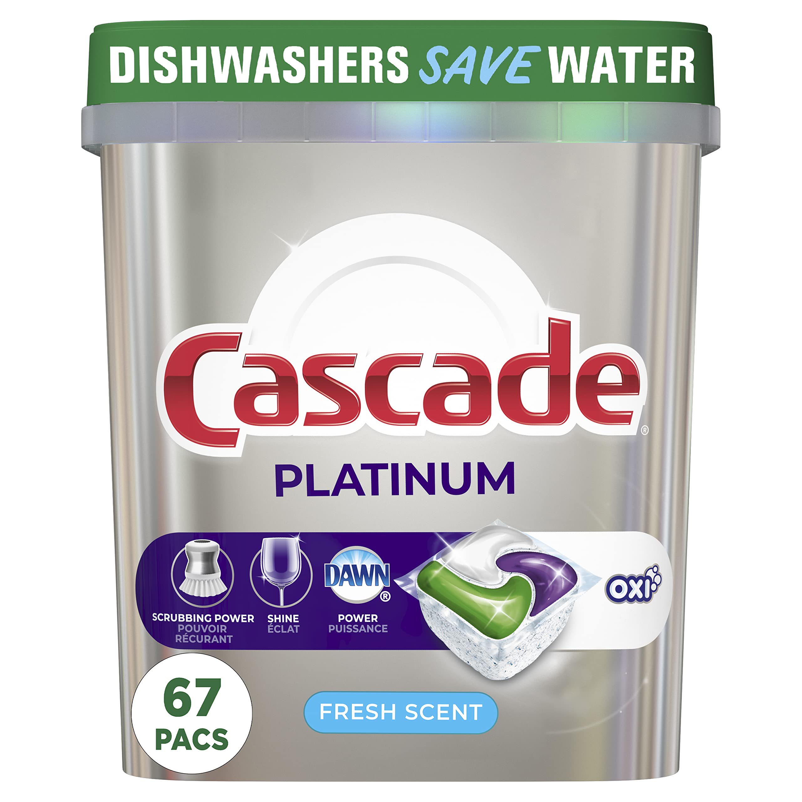 Cascade Platinum + Oxi Dishwasher Pods - 67 Count ActionPacs with Powerful Cleaning | Dishwasher Detergent for Sparkling Clean Dishes | Perfect for Daily Use & Tough Stains