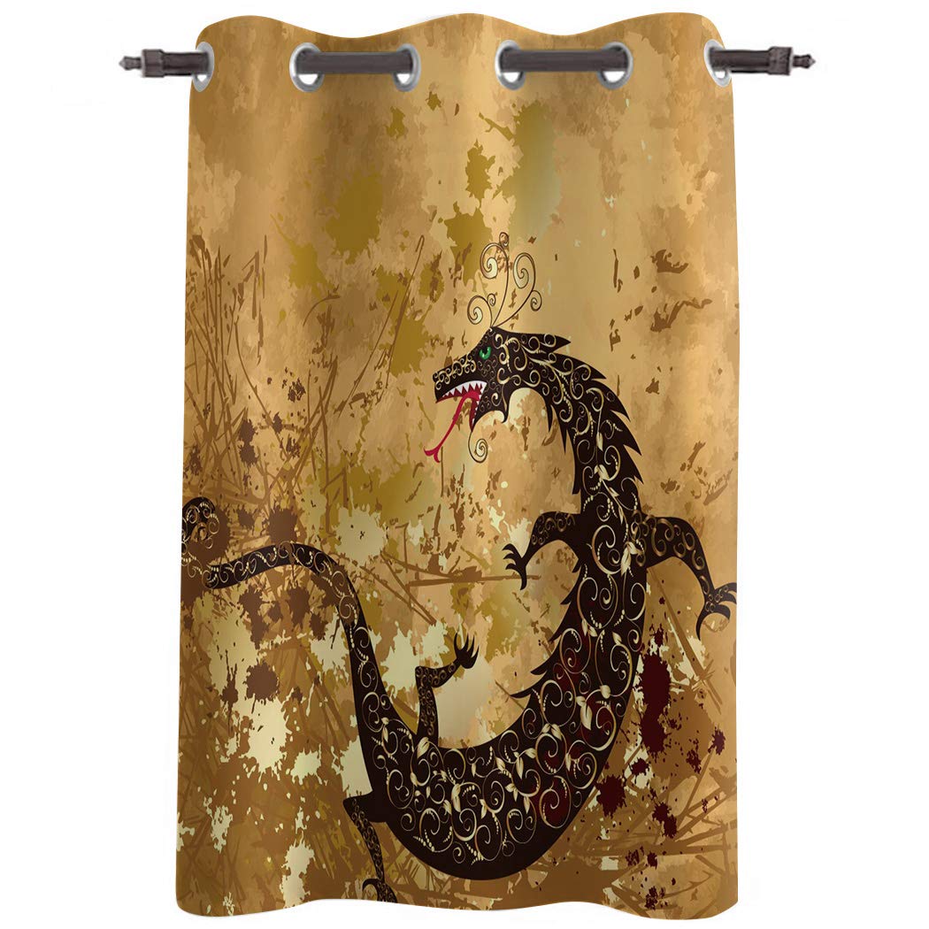 Vintage Brown Dragon Print Window Curtains - 52