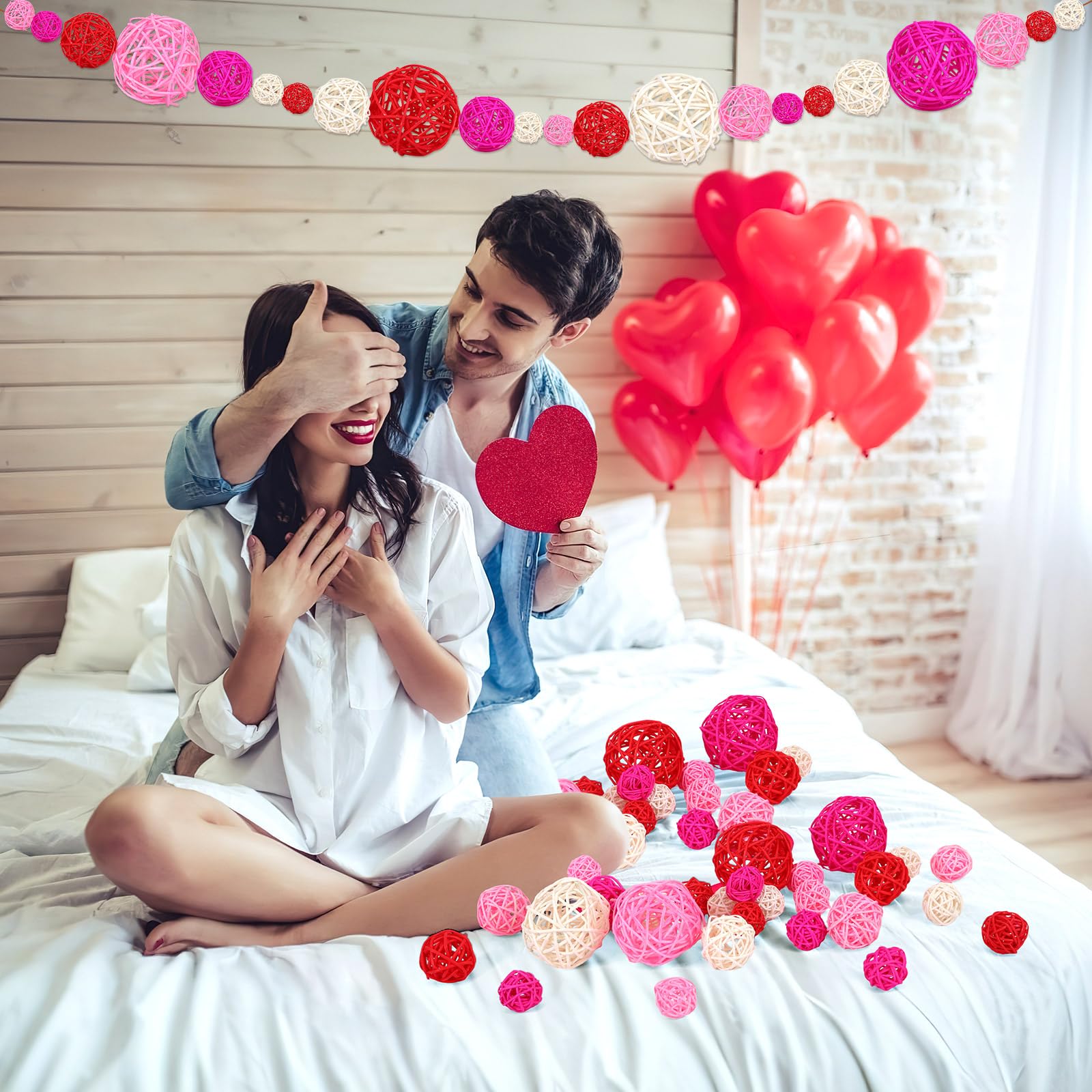 SANNIX 40 Pack Valentine's Day Decorations - 3 Sizes Rattan Wicker Balls for Home Decor, Party Ornaments, Baby Shower, Table Centerpieces, Vase Fillers (Red, Pink, White) - Perfect for Wedding, Christmas, and Seasonal Home Styling