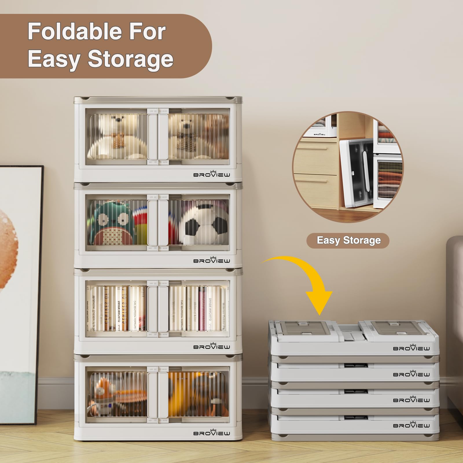 V5 25 Gallon Plastic Storage Bins with Lids - 3 Pack Stackable Collapsible Storage Containers for Closet Organization, Folding Drawers with Wheels & Doors - Perfect for Home, Office, Garage & Closet Storage (White)