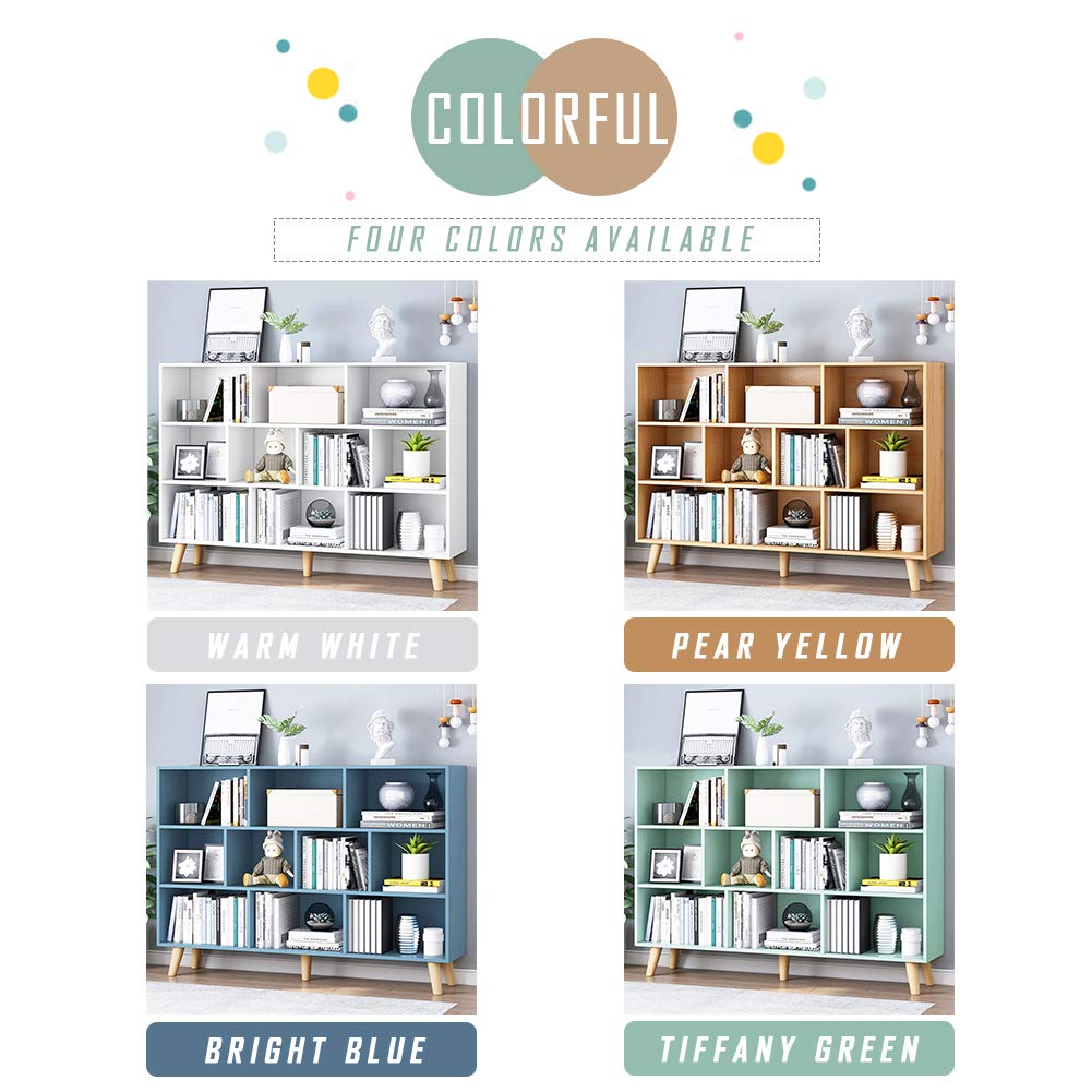 IOTXY 3-Tier Wooden Open Shelf Bookcase - Floor Standing Display Cabinet with 10 Storage Cubes, Modern Bookshelf for Living Room, Bedroom & Office - Pear Yellow Finish