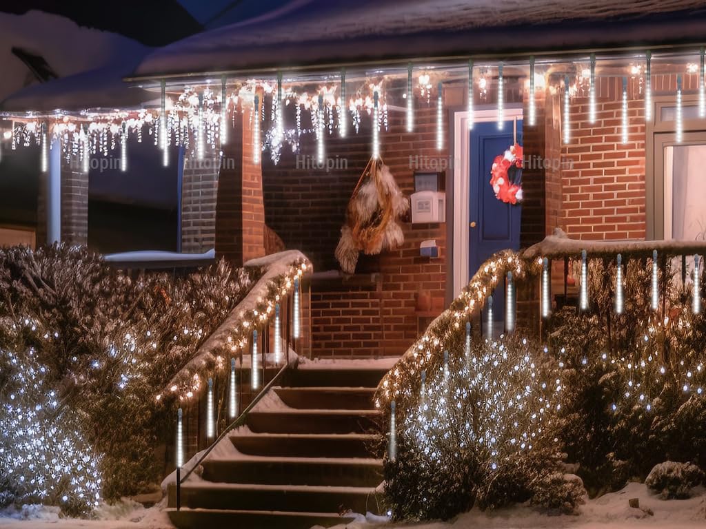 30cm 8 Tubes 192 LED Meteor Shower Lights - Outdoor Christmas Rain Lights with Transformer | White Snowfall Fairy Lights for Wedding, Party & Tree Decorations | Perfect for Garden, Yard, and Holiday Displays