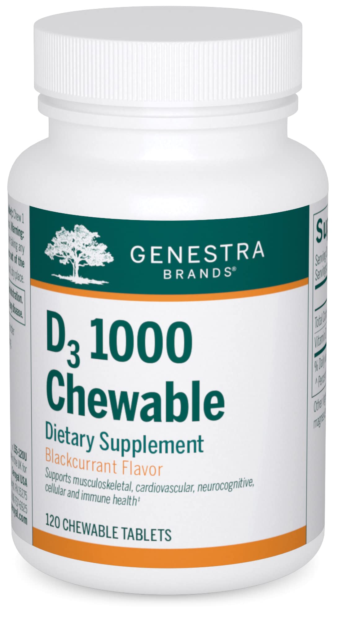 Genestra Brands Vitamin D3 1000 IU Chewable Tablets - 120 Count | Natural Blackcurrant Flavor | Supports Bone Health & Immune System | For Kids & Adults Daily Supplement