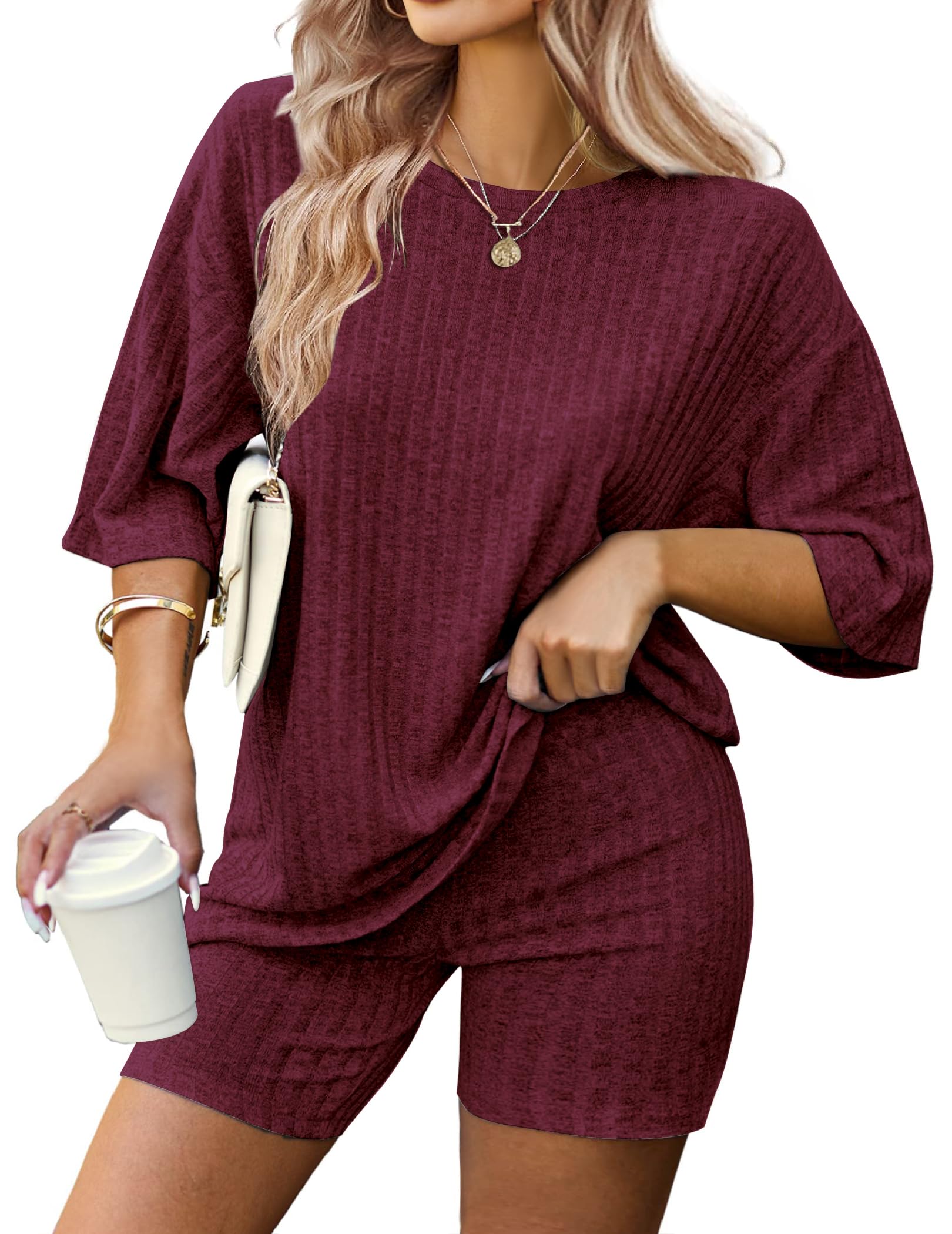 IN'VOLAND Women's Plus Size 2 Piece Ribbed Knit Tracksuit Set - Short Sleeve Top & Drawstring Casual Shorts Outfit for Lounge, Gym, and Summer Travel