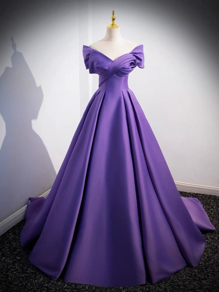Elegant Off-The-Shoulder Purple Satin A-Line Long Prom Dress J3230 for Homecoming, Wedding, and Formal Events