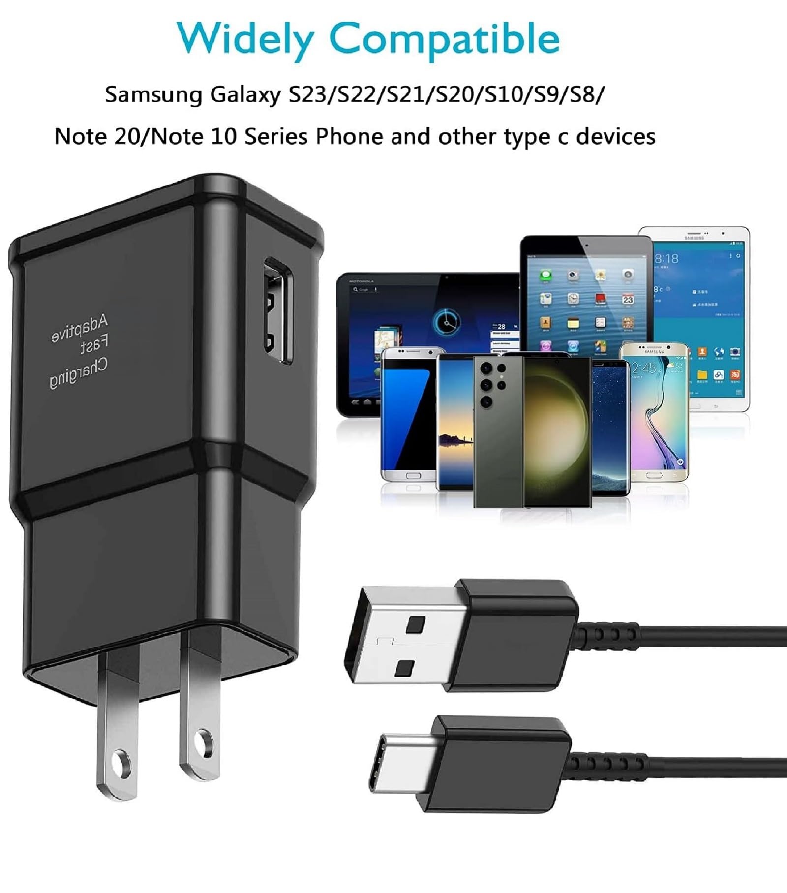 Fast Charging USB-C Cable 6FT for Samsung Galaxy A15/A16/A55/C55/A05/A25/A35/S10+/S20/S21/S22/S23/S24/S25 Plus/Ultra/FE & Note 9/10/20 - Samsung Fast Charger Wall Block - Perfect for Home, Office & Travel