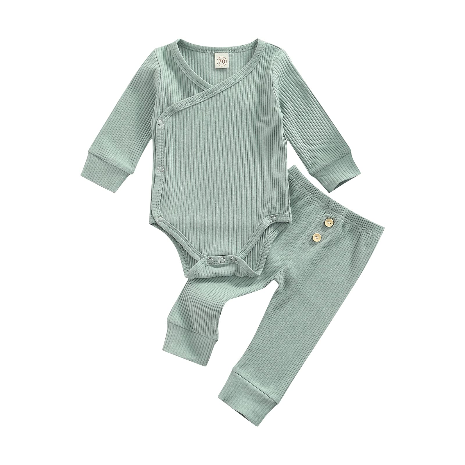 Unisex Baby Ribbed Cotton Outfit Set - 2PC Long Sleeve Button Top & Pants for Newborns | Fall Winter Infant Clothes | Perfect for Family Photos, Holiday Gifts & Daily Wear