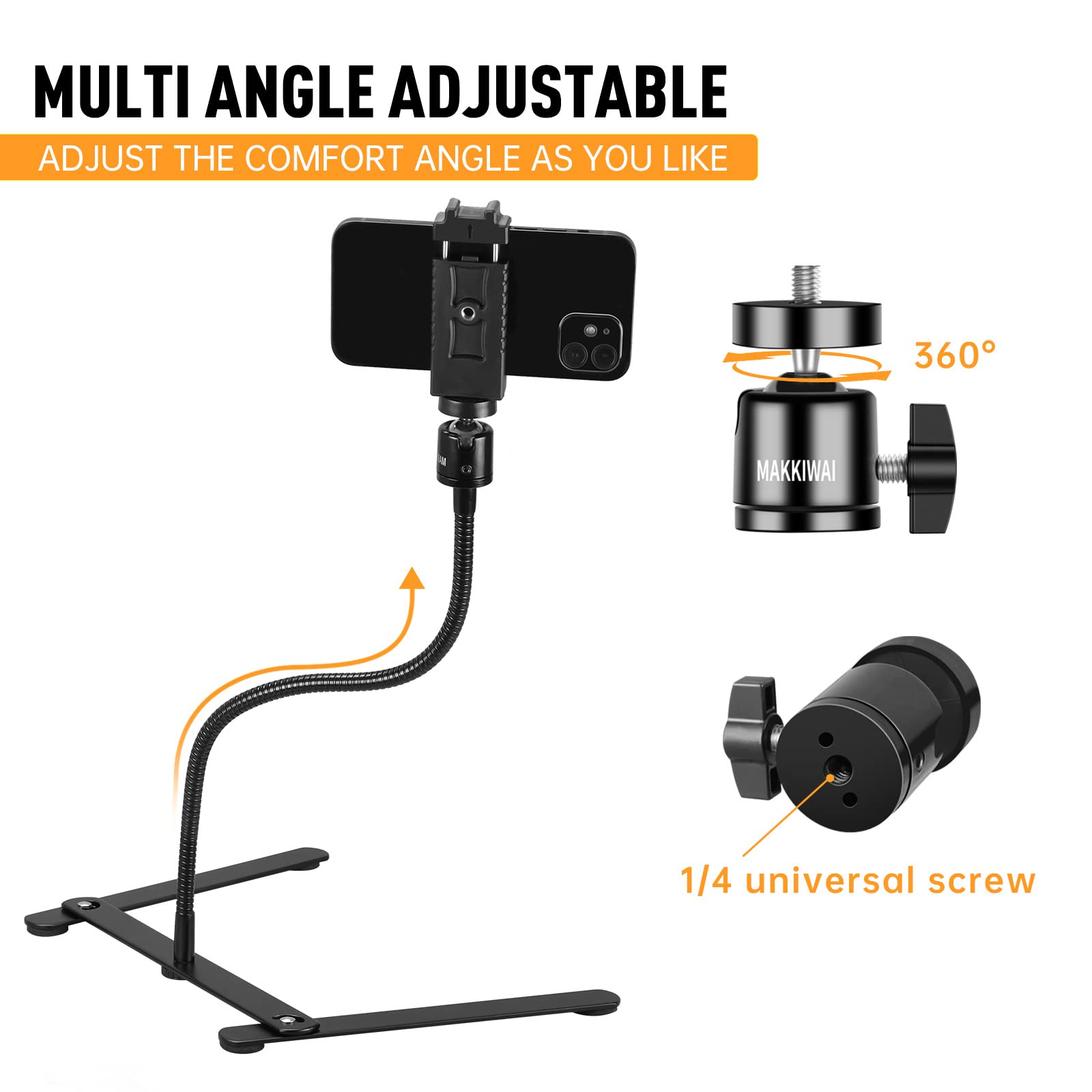 Adjustable Phone Tripod Stand with Solid Gooseneck Mount - Overhead Phone Holder for Video Recording, Online Teaching, Live Streaming & Cookie Decorating - Perfect for Content Creators, Teachers & Home Bakers