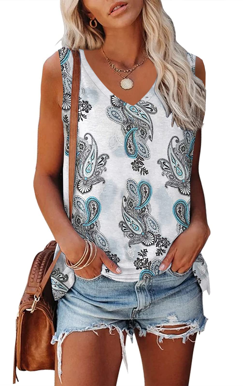 ETCYY Women's Floral Printed V-Neck Tank Top - Loose Fit Sleeveless Summer T-Shirt for Workout & Casual Wear | Perfect for Gym, Yoga, Beach and Everyday Outfits