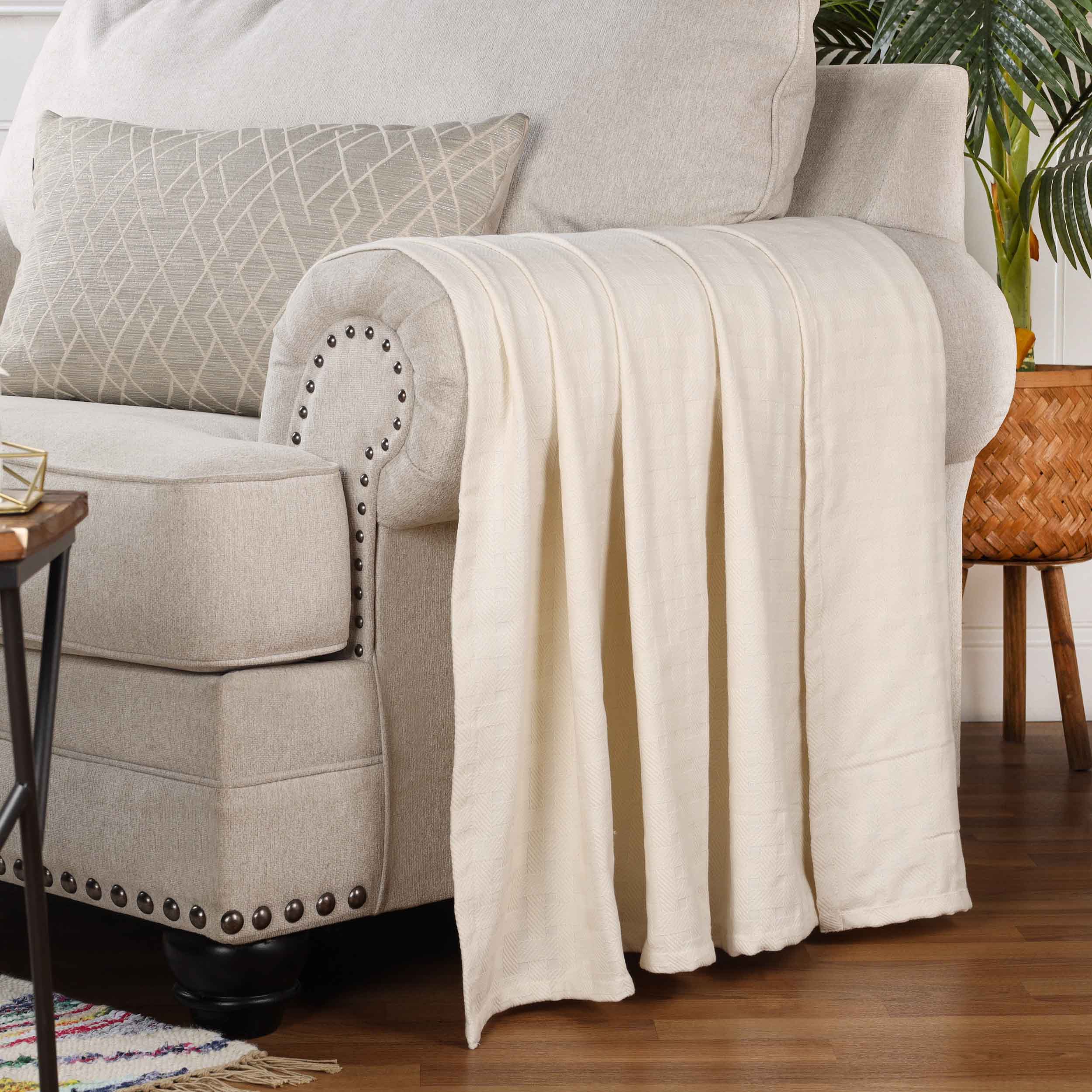 Soft Basketweave All-Season Cotton Bed Blanket & Sofa Throw - Lightweight Breathable Blanket for Bedroom, Living Room, Travel and Outdoor Use
