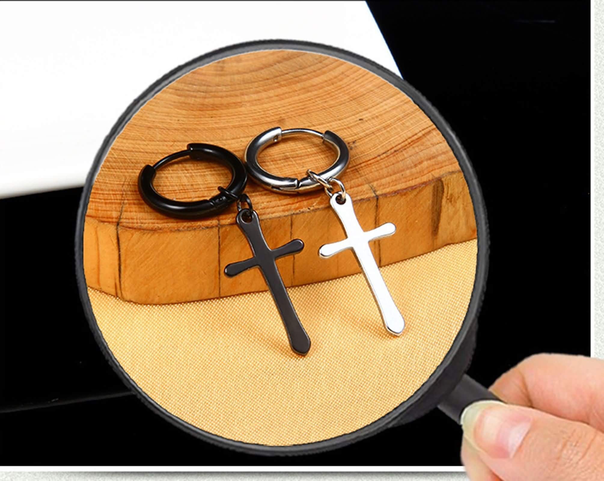 Gualiy Men's Stainless Steel Cross Pendant Dangle Hoop Earrings for Men - Trendy Punk Gothic Jewelry for Parties, Concerts & Everyday Wear