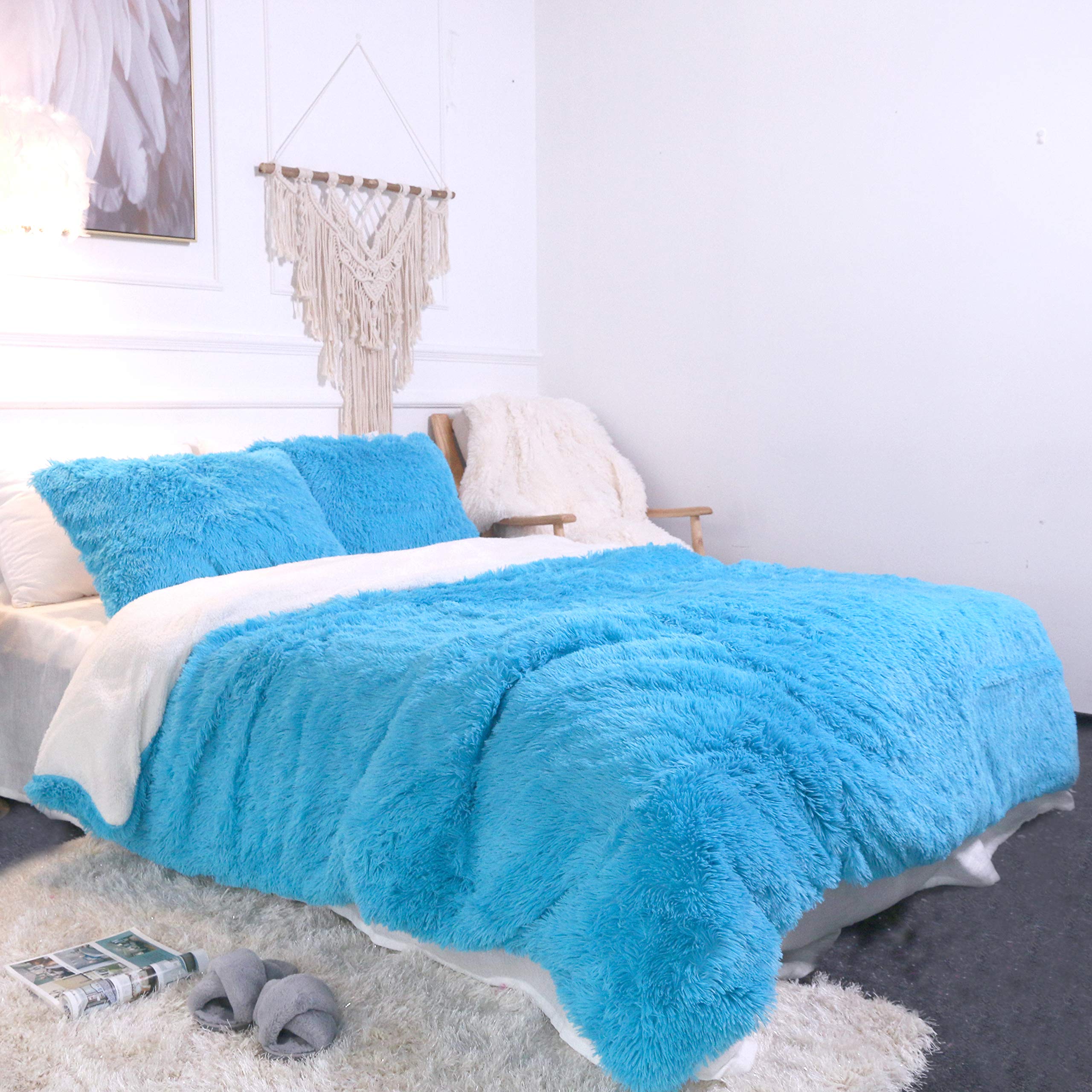Luxury Plush Shaggy Bedding Set - 3 Piece Faux Fur Duvet Cover with 2 Pillow Shams - Soft Sherpa Fleece & Reversible Comforter Cover - Full Size Blue - Cozy Winter Bedroom Upgrade for Warmth & Style