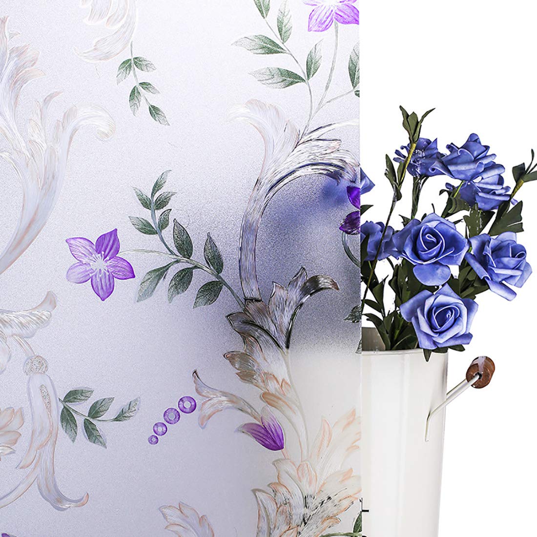 Frosted Iris Flower Static Cling Window Film - Non-Adhesive Privacy Decoration for Doors & Windows - UV Protection & Heat Control - 23.5x118 Inch - Perfect for Bathrooms, Bedrooms, and Office Spaces