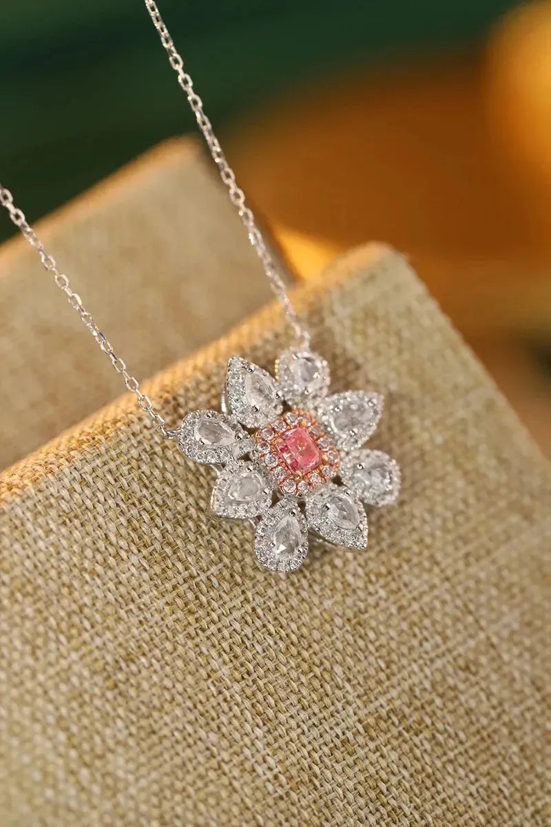 18K White Gold Floral Necklace with Real Pink Diamond & Aquamarine - Elegant Women's Jewelry for Parties, Weddings & Special Occasions