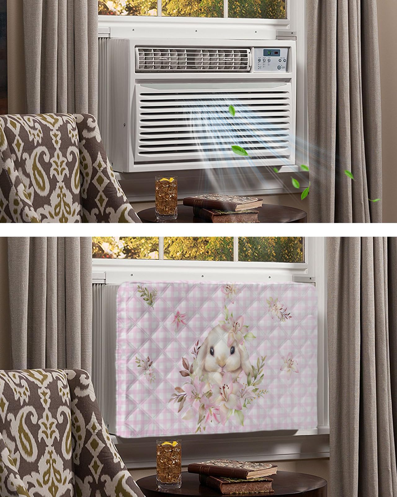 Pink Plaid Indoor Air Conditioner Cover for Window Units - Double Insulation, Adjustable & Waterproof AC Cover with Elastic Straps - 28'' x 20'' x 3.5'' - Perfect for Easter Bunny, Spring Flowers & Leaves Decor - Ideal for Home, Office & Seasonal Protection