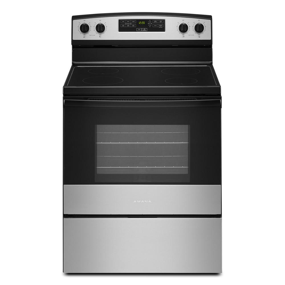Amana AER6303MMS 30 Inch Electric Range with Extra Large Oven Window - Stainless Steel, 5.3 cu. ft. Capacity, Self-Cleaning - Perfect for Family Cooking, Holiday Baking & Modern Kitchens