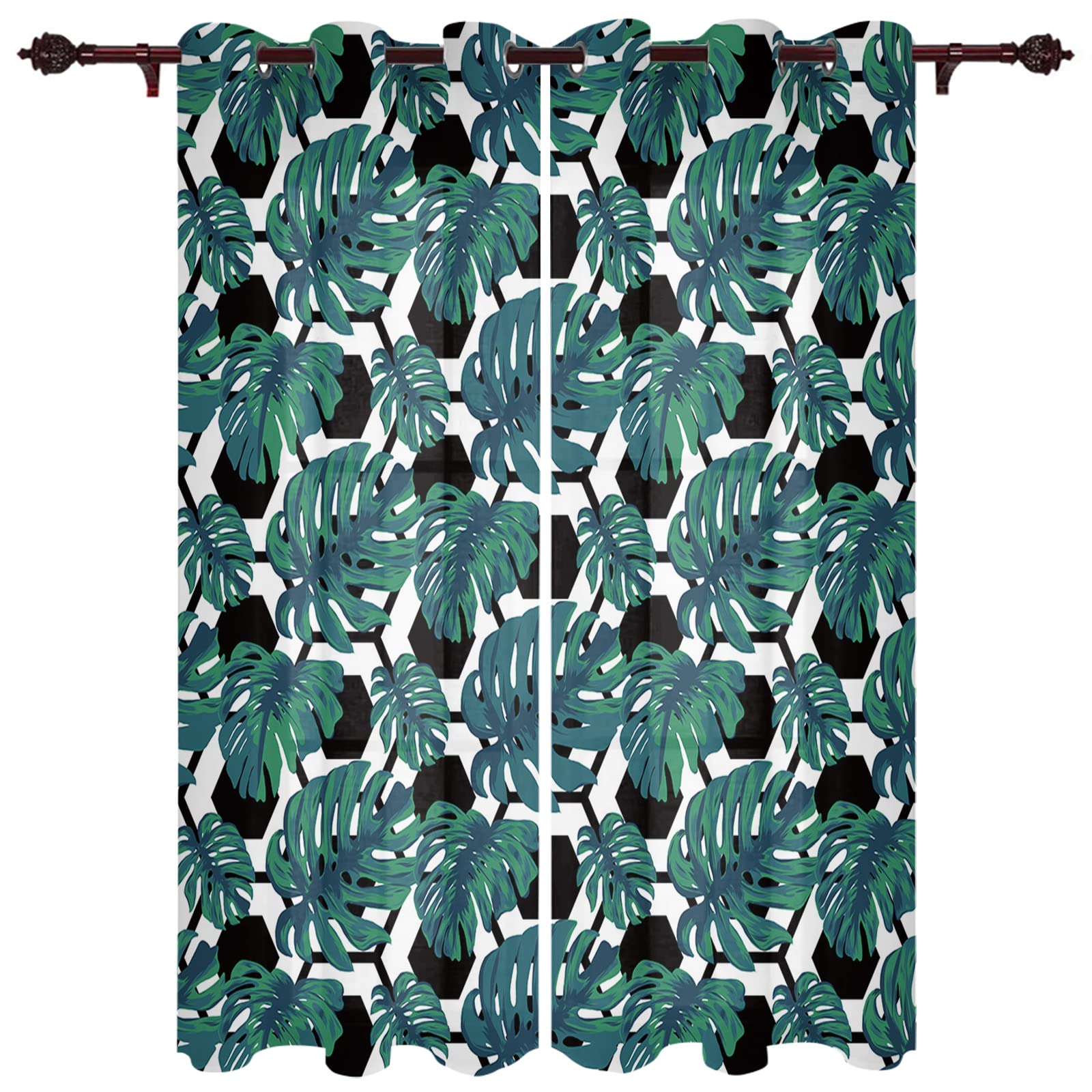 84 Inch Tropical Green Window Curtains with Palm Leaf Design - 2 Panel Grommet Drapes for Kitchen, Cafe, Living Room, Bedroom & Laundry Room - Perfect for Summer Decor & Window Treatments