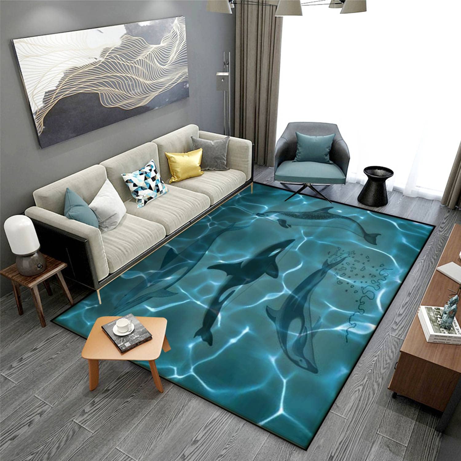 Soft Non-Slip Indoor/Outdoor Area Rug with Ocean Dolphin Design - 63''×94'' Floor Mat for Living Room, Bedroom & Dorm Decor - Perfect for Beach House, Kids Room or Coastal Themed Spaces