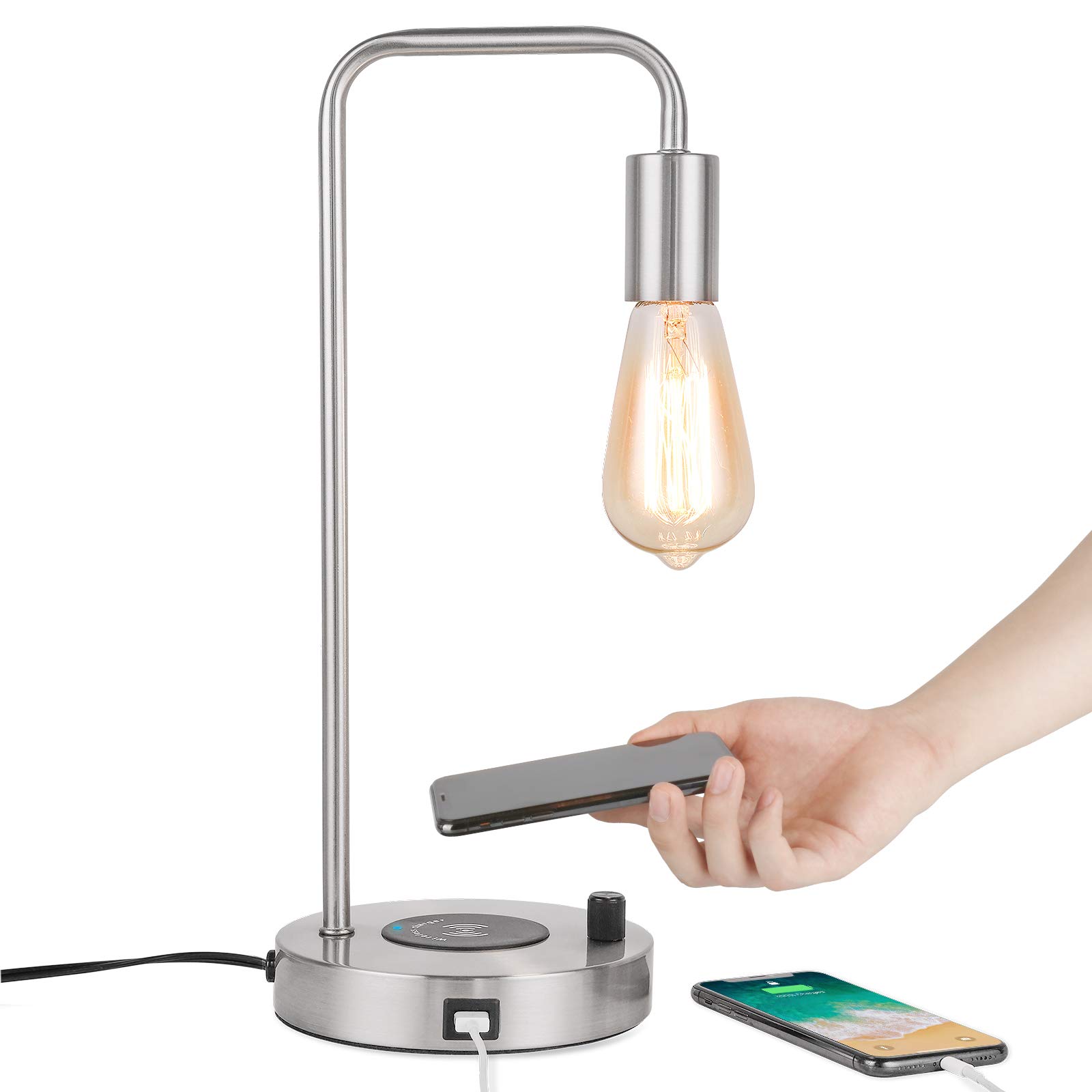 Wireless Charging Desk Lamp with USB Port - Adjustable Edison Table Lamp for Bedroom, Office & Living Room | Metal Base, Satin Nickel Finish | Perfect for Night Reading, Home Decor & Workspace Lighting
