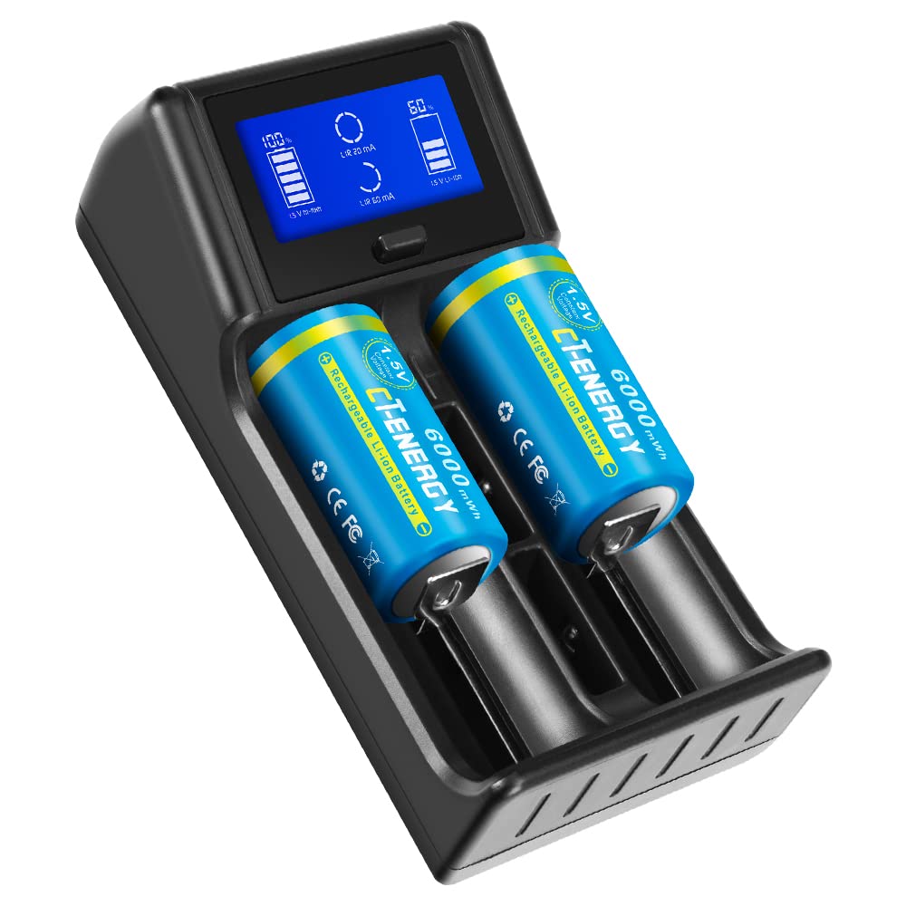 Rechargeable 1.5V Lithium C Batteries with Charger - 2 Pack for Flashlights, Emergency Kits & Camping Gear