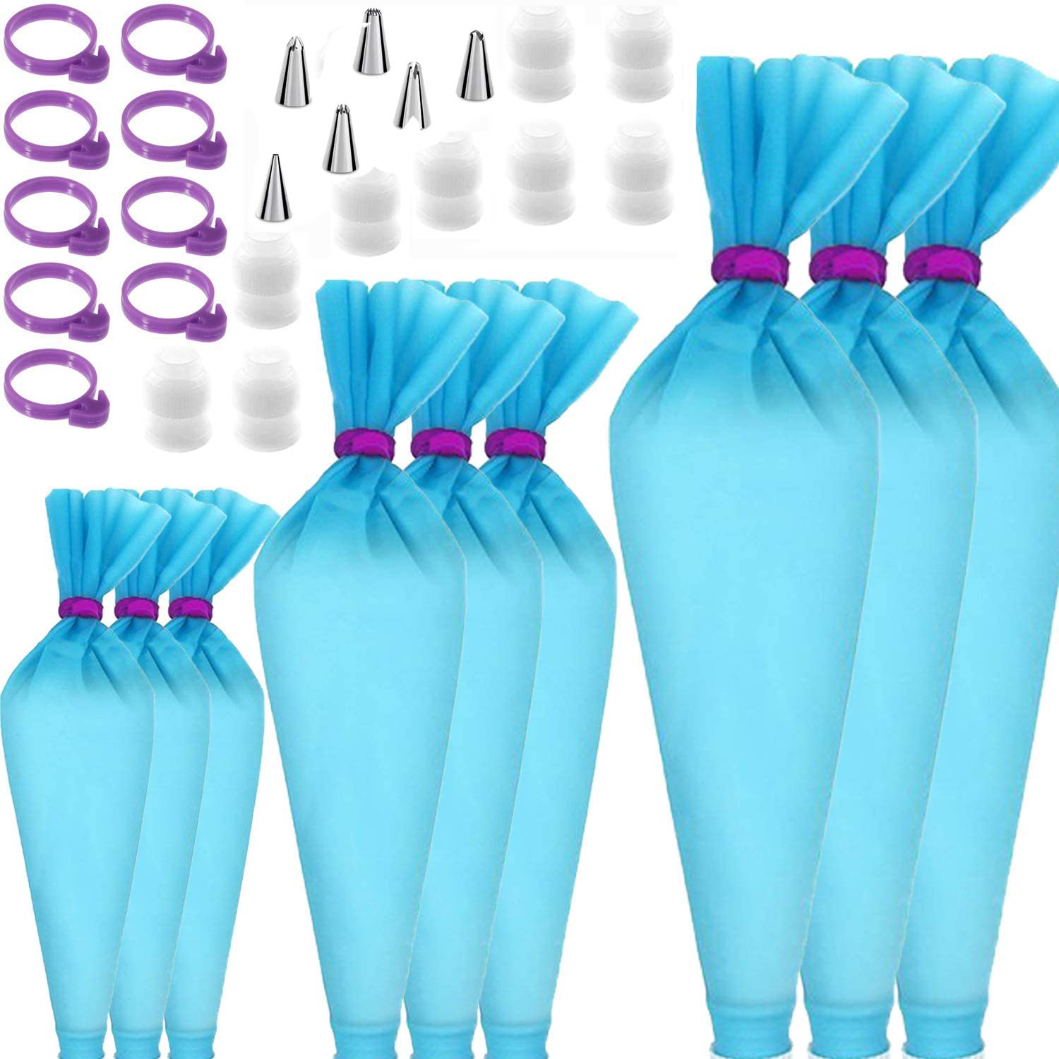 **Reusable Silicone Piping Bags for Baking - 9-Piece Cake Decorating Kit with 9 Couplers, 9 Ties & 6 Icing Tips (3 Sizes: 12”, 14”, 16”) - Perfect for Frosting, Cupcakes & Pastry Decor**