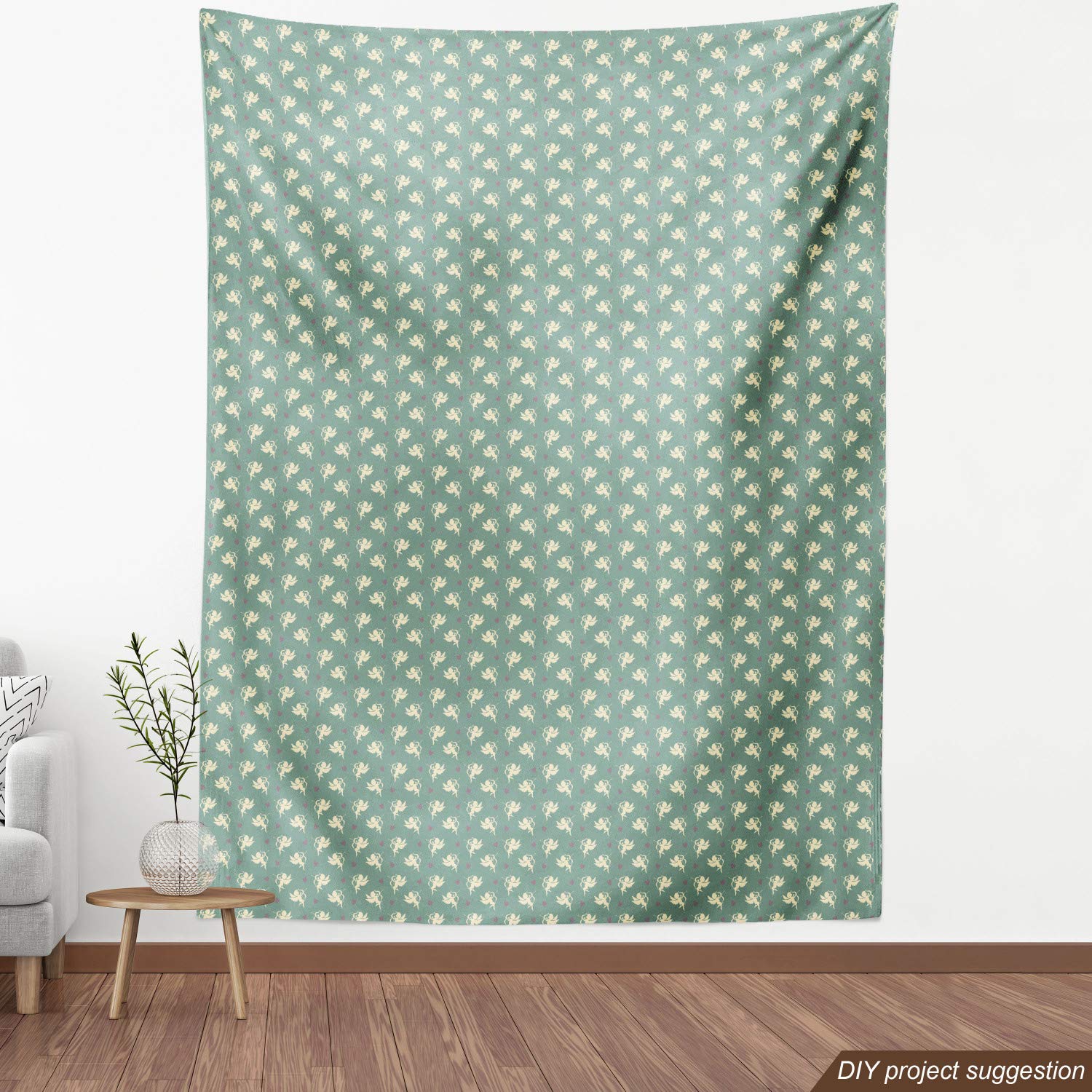 Ambesonne Green Fabric by The Yard - Greek Inspired Romance Cupid Silhouette with Hearts Print, Decorative Upholstery Fabric for Sofa, Curtains & Home Decor, 10 Yards, Jade Green Purple Cream - Perfect for DIY Projects, Pillow Covers & Table Runners