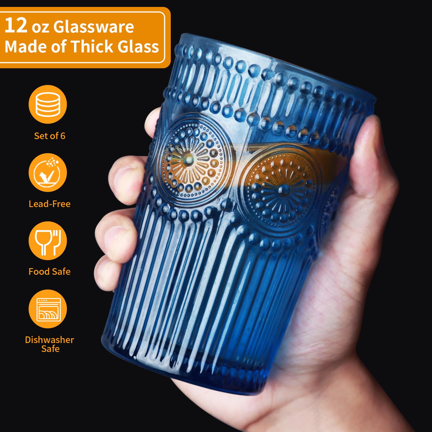 Vintage Drinking Glasses Set of 6 - 12 oz Blue Highball Glasses with Embossed Ribbed Design - Perfect for Cocktails, Water, Juice, Coffee & Whiskey - Ideal for Home Bars, Parties & Gifts