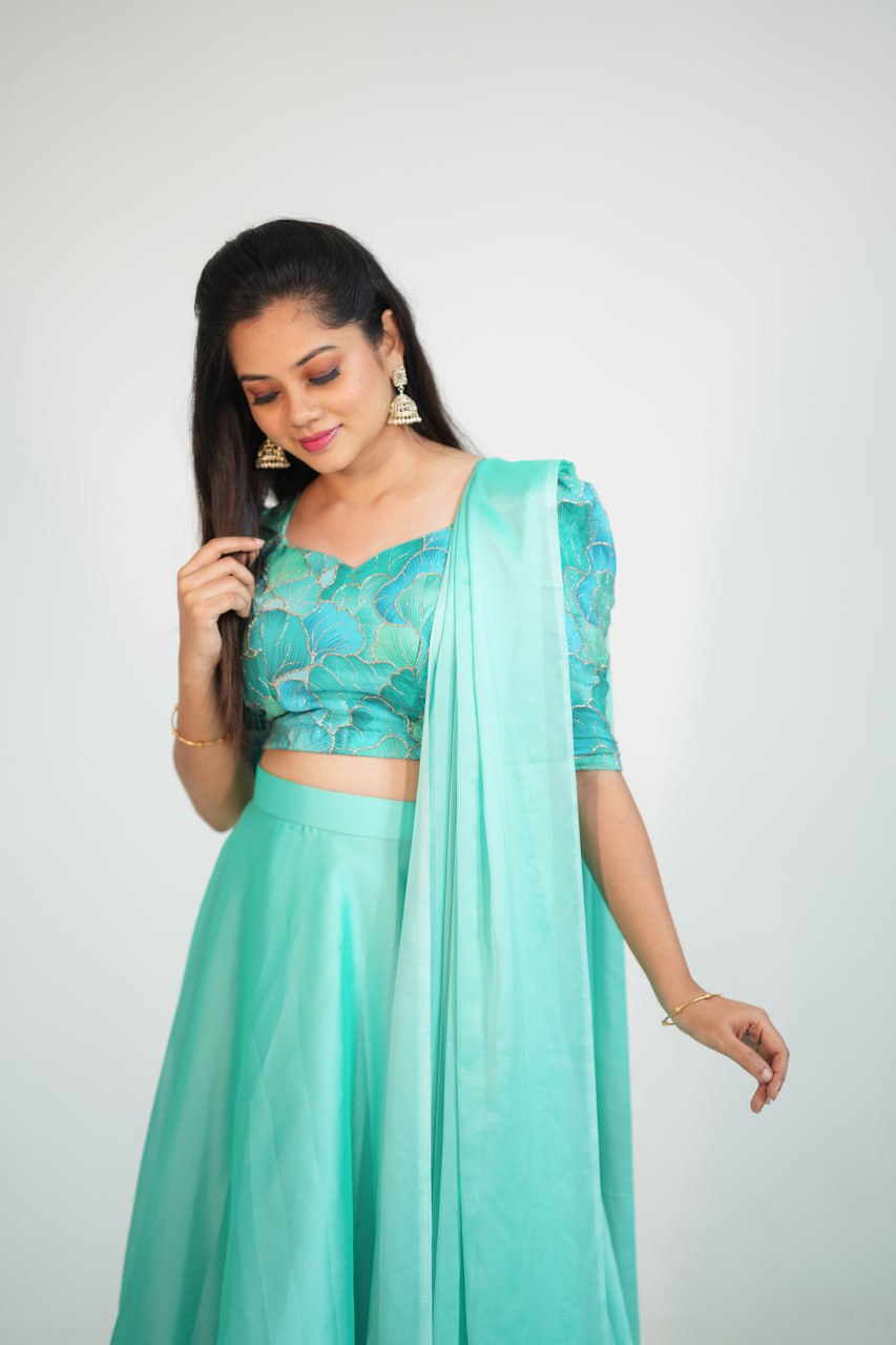 DD527 Anitha 3-Layer Crop Top Lehenga Set for Women - Stylish Indian Ethnic Outfit for Weddings, Parties & Festive Occasions