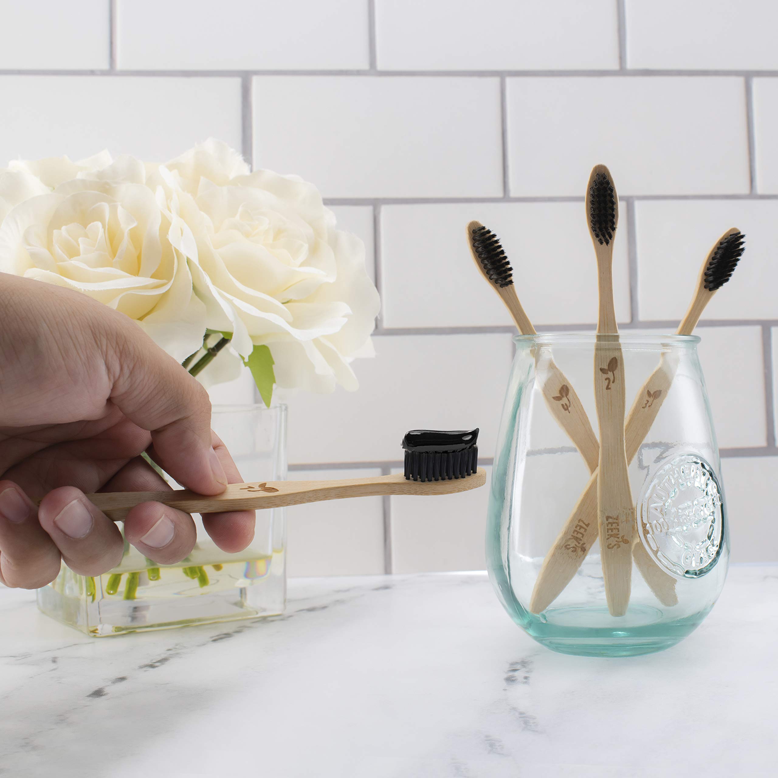 Eco-Friendly Natural Bamboo Charcoal Toothbrushes with Activated Charcoal Bristles - 4 Pack Numbered Set - Biodegradable & Sustainable for Travel, Home & Zero Waste Lifestyle