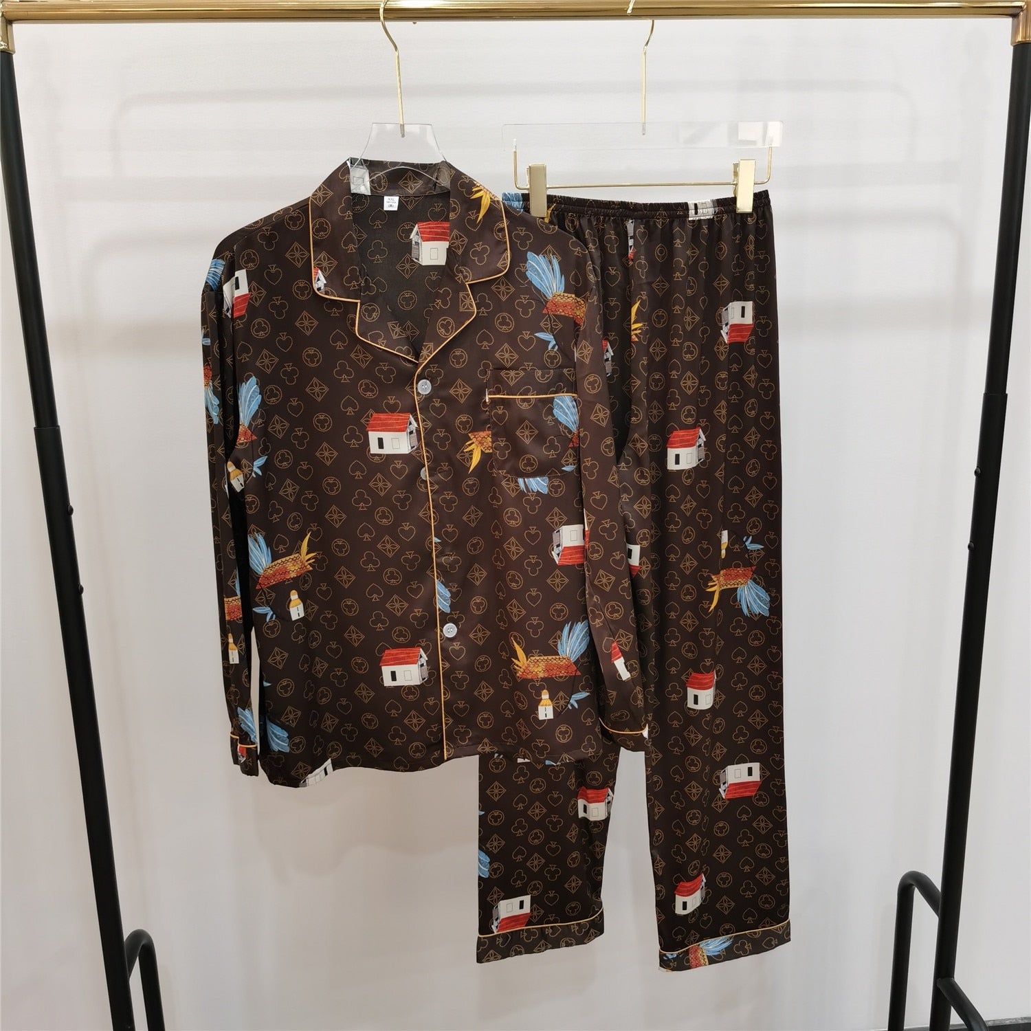 Luxury Women's Autumn Pajama Set - Poker Print Silk-Like Sleepwear, Long Sleeve Nightwear for Cozy Nights & Relaxing at Home - Brown Comfortable Loungewear Set