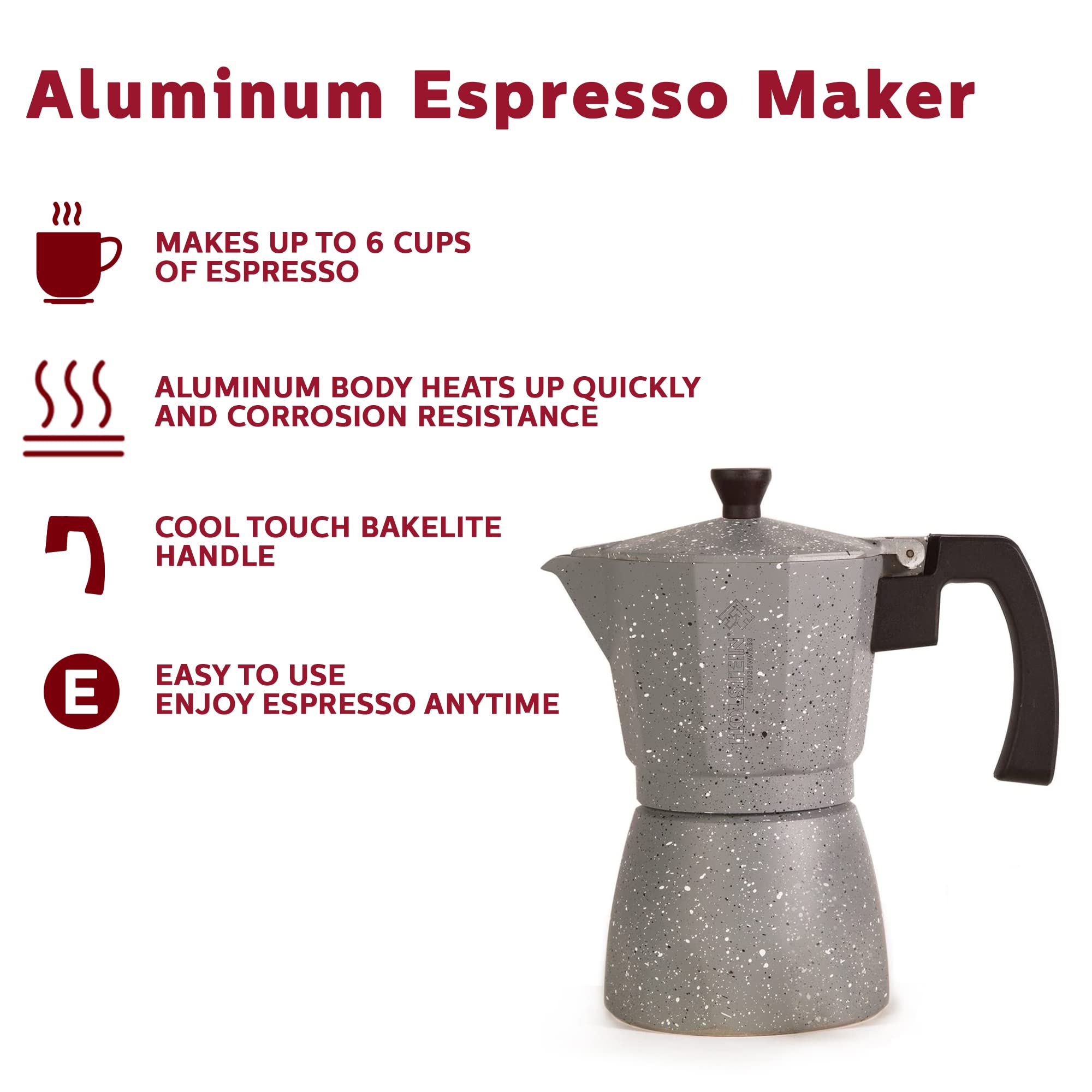 Holstein Housewares 6 Cup Aluminum Stovetop Espresso Maker - Traditional Italian Moka Pot for Rich Espresso & Cuban Coffee - Quick Brewing Silver Coffee Maker - Perfect for Home, Office & Camping Use