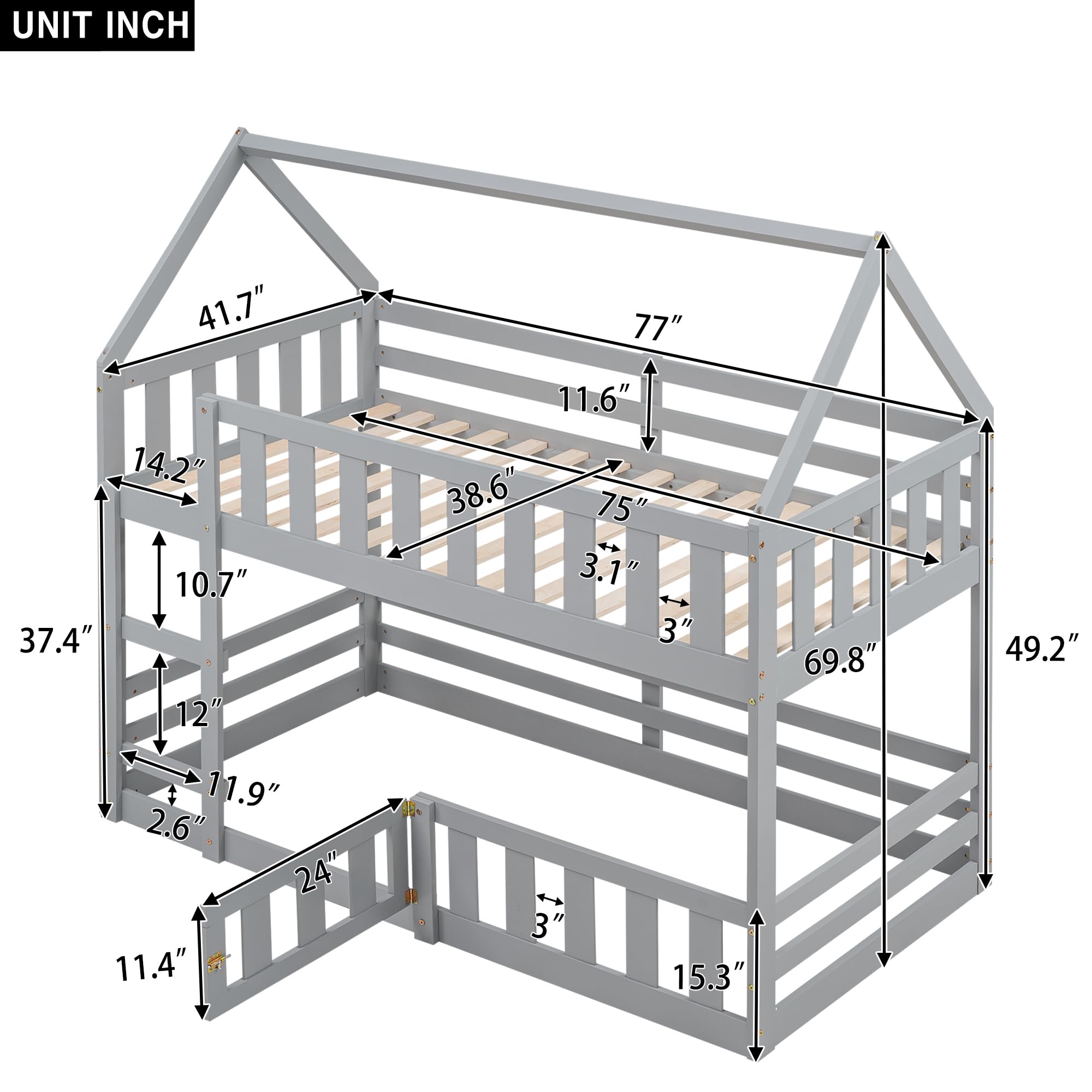 SOFTSEA Twin Over Twin Kids Bunk Bed - Low Floor House Design with Safety Fence, Door & Guardrails - Sturdy Wood Frame with Ladder - No Box Spring Needed - Gray - Perfect for Kids' Bedrooms, Guest Rooms & Small Spaces