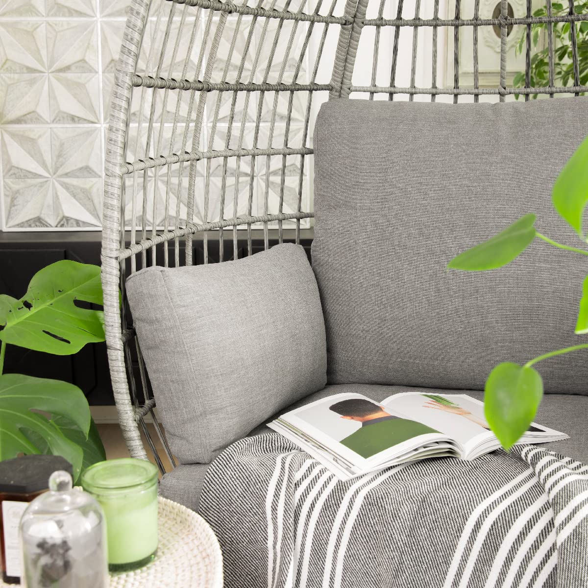 Barton Oversized Egg Style Wicker Chair with Canopy & Cushions - Grey Patio Lounge Basket Chair for Outdoor Relaxation, Garden, Poolside or Balcony
