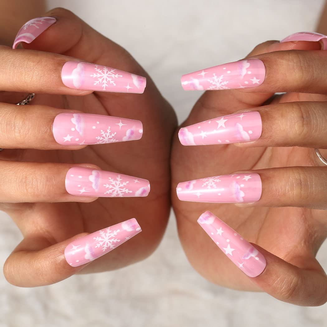 Christmas Snowflake Press-On Nails - Glossy Pink Coffin Fake Nails Long Cute Ballerina Style, Full Cover Artificial False Nails Tips for Women & Girls (24Pcs, Style B) - Perfect for Holiday Parties, Gift Giving & Special Occasions