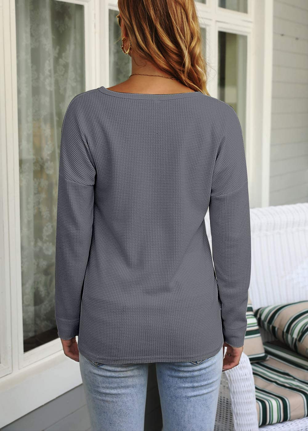 WNEEDU Women's Waffle Knit Tunic Top - Long Sleeve Loose Fit Button Up Henley Shirt with V-Neck | Casual Fall & Winter Layering Piece for Work & Weekend Outfits